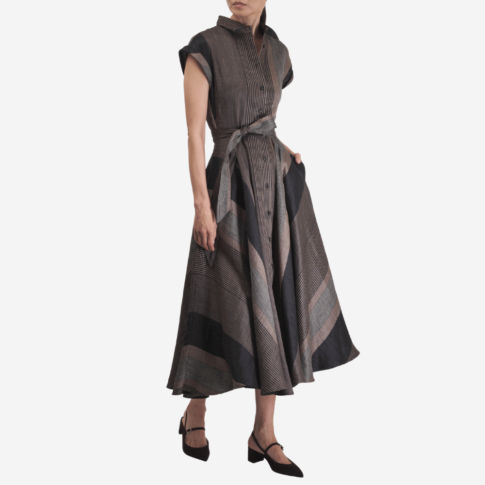 Sara Roka Danielle Dress in Black and Beige Stripe – International designer fashion boutique Australia Riada Concept Woollahra