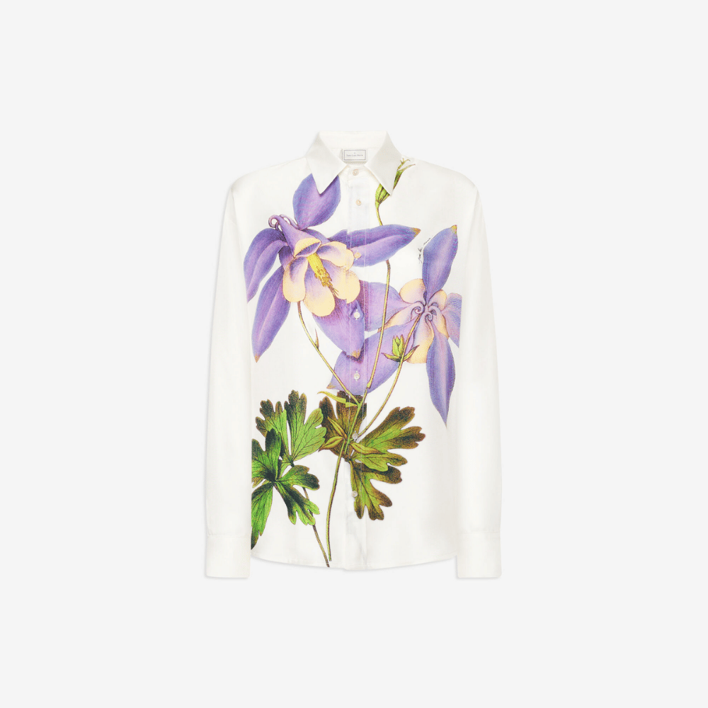 Pierre-Louis Mascia Aloebio Silk Long Sleeve Shirt in Cream with Oversized Purple Floral Print PIERRE LOUIS MASCIA designer fashion online or in-store at Riada Concept, Sydney’s high-end fashion boutique in Australia.