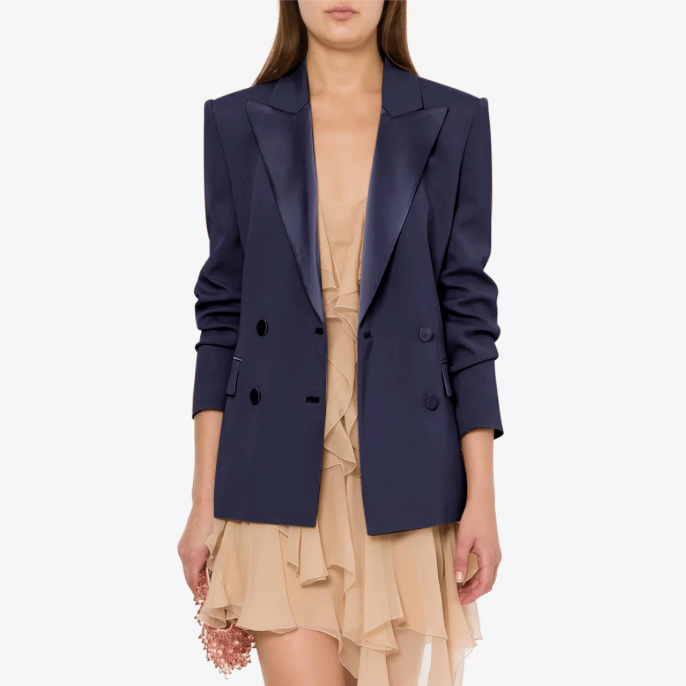 Alberta Ferretti Double-Breasted Enver Satin Jacket with Satin Trim in Navy Alberta Ferretti Australia Stockist Australia Online Riada Concept Luxury Fashion Boutique