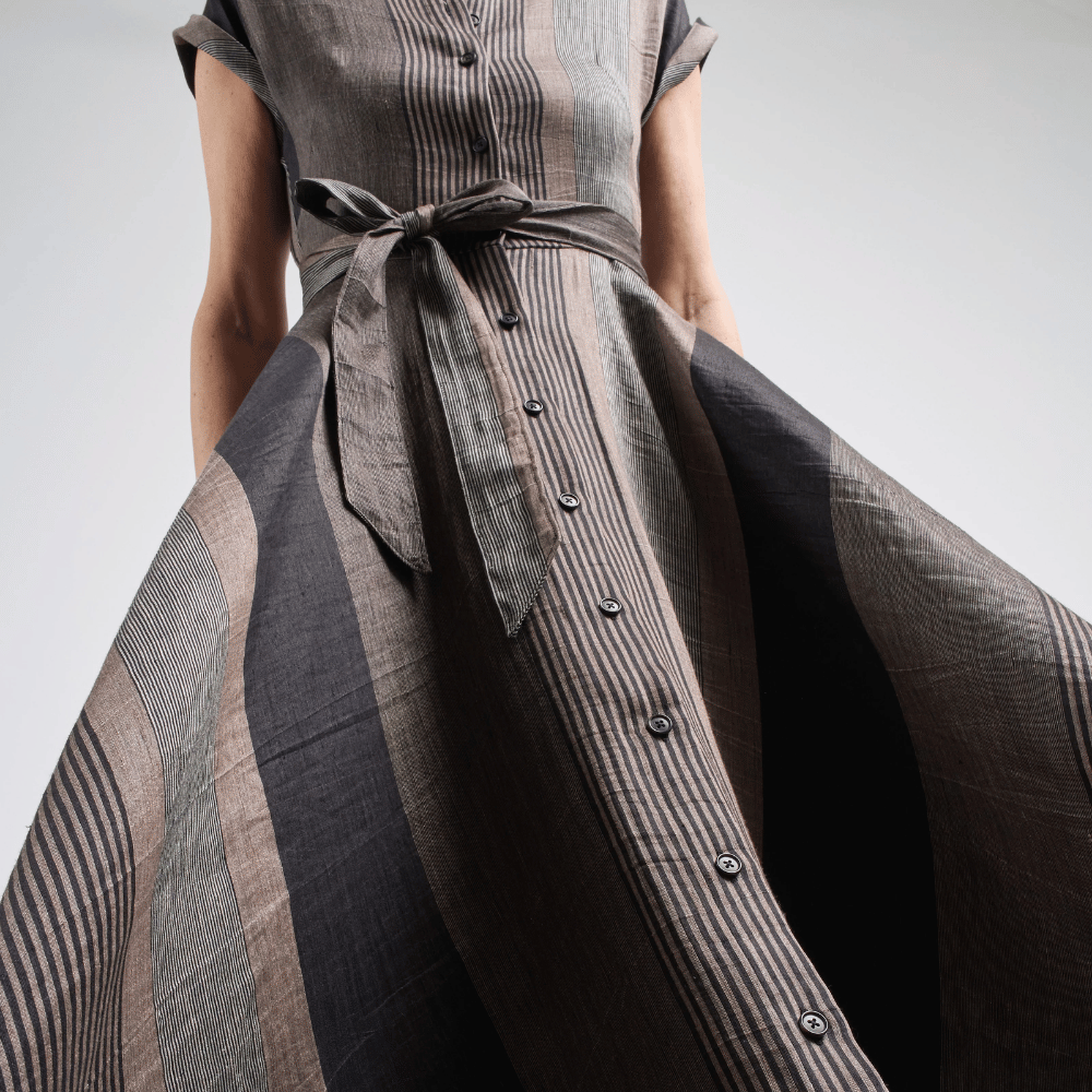 Sara Roka Danielle Dress in Black and Beige Stripe – International designer fashion boutique Australia Riada Concept Woollahra