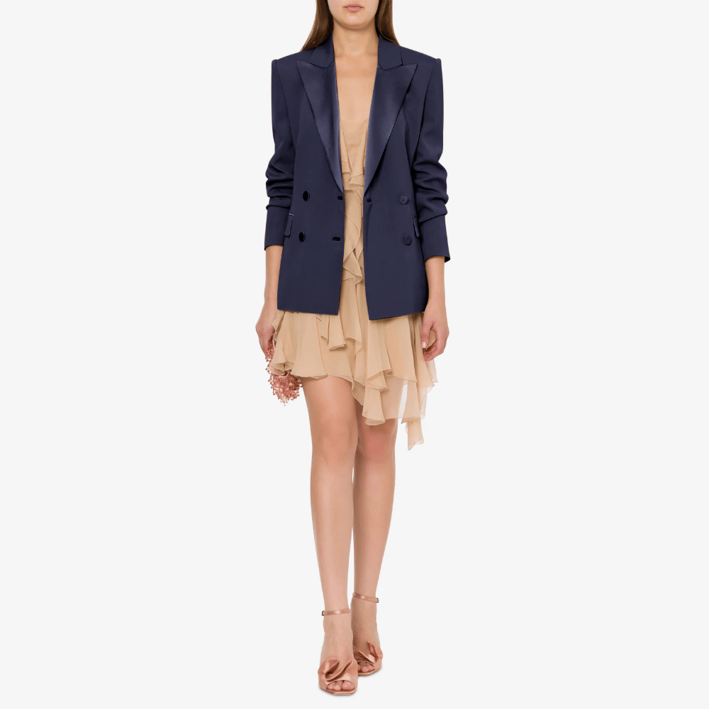 Alberta Ferretti Double-Breasted Enver Satin Jacket with Satin Trim in Navy Alberta Ferretti Australia Stockist Australia Online Riada Concept Luxury Fashion Boutique