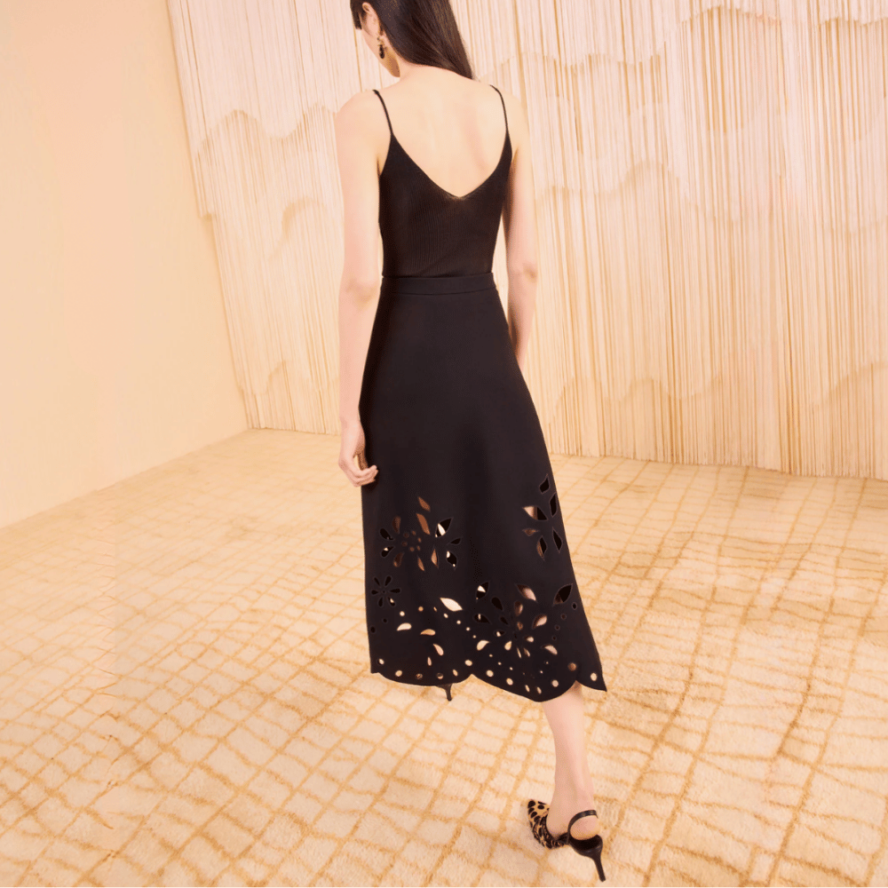 Ulla Johnson High-Waist A-Line Grace Knit Midi Skirt in Black ULLA JOHNSON Designer fashion shop online and in store High End fashion boutique Sydney Australia Riada Concept