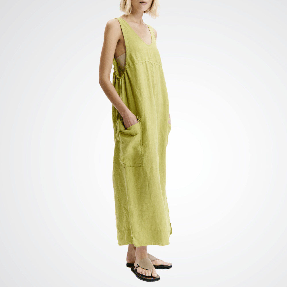 The Transit Par Such Linen Cargo Dress in Lime features a scoop neckline, deep armholes, and adjustable side drawstrings. Transit Par Such at Riada Concept Designer fashion shop online and in store High End fashion boutique Sydney Australia Riada Concept