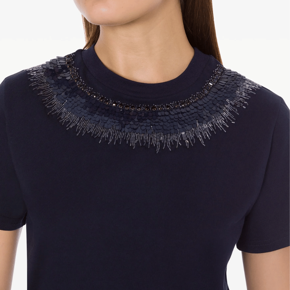 Alberta Ferretti Crystal Embellished Cotton Jersey T-Shirt in Navy Blue Alberta Ferretti Australia Stockist Australia Online Riada Concept Luxury Fashion Boutique