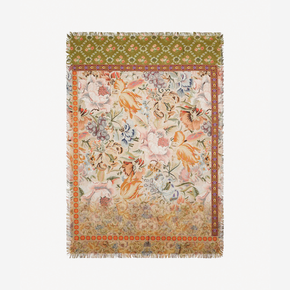 Pierre-Louis Mascia Aloeuw Silk Shawl Scarf in Erbario Ochre Ornamental Floral Tapestry Print (135x195cm) PIERRE LOUIS MASCIA designer fashion online or in-store at Riada Concept, Sydney’s high-end fashion boutique in Australia.
