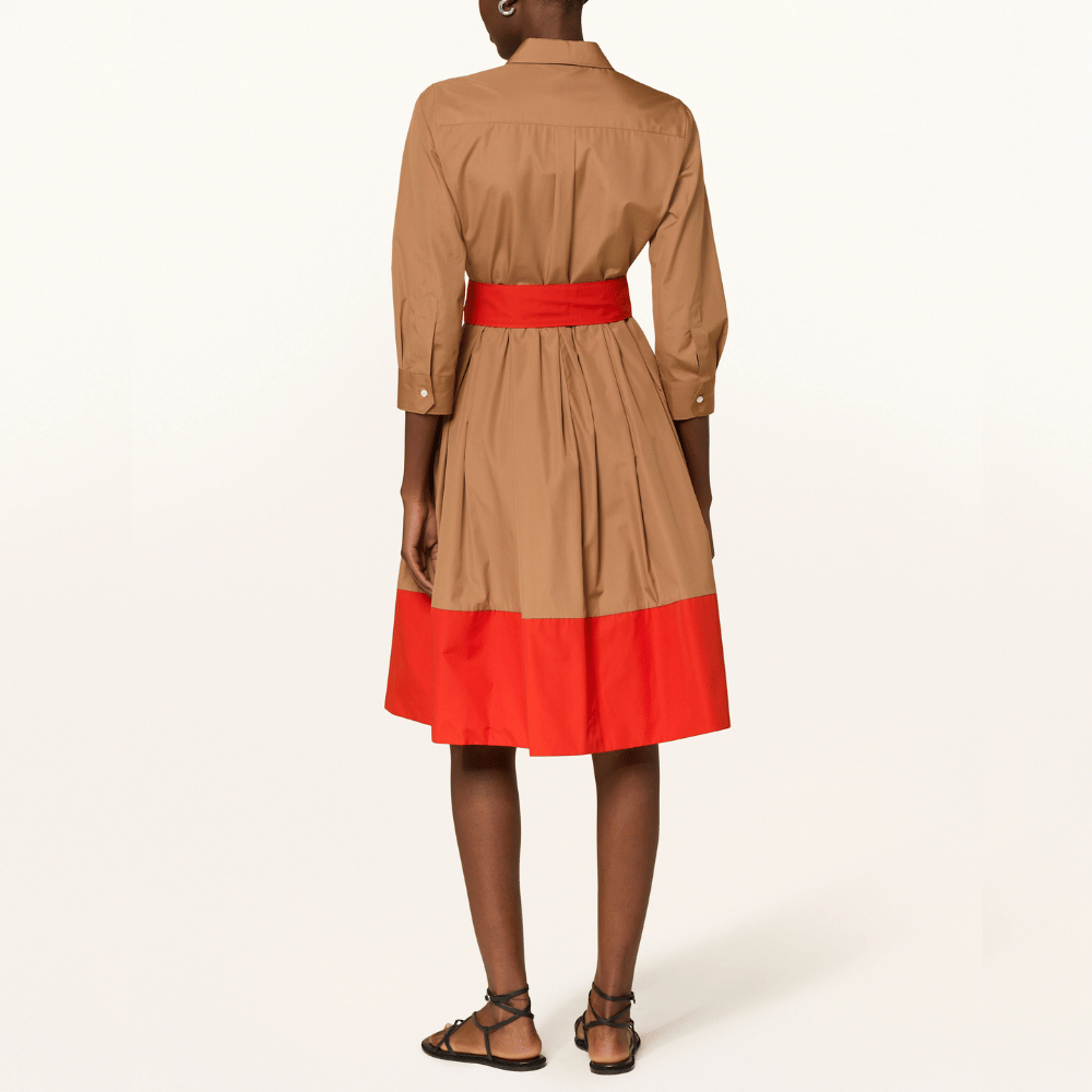 Sara Roka Elenat Dress in Caffe Latte and Red Sara Roka international designer fashion boutique Australia Riada Concept Woollahra