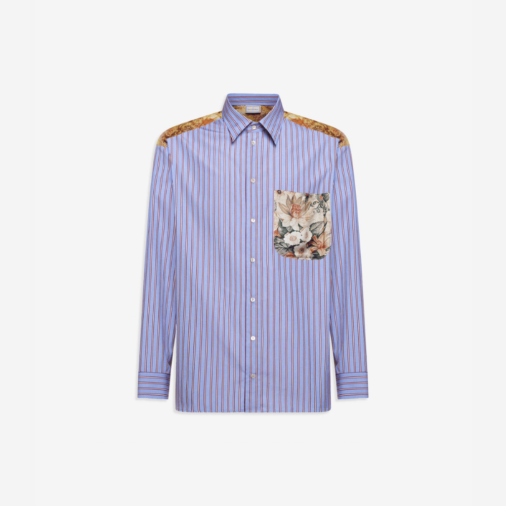 Pierre-Louis Mascia Alotho Cotton Silk Long Sleeve Shirt in Lilac Stripe with Floral Tapestry Back Shop PIERRE LOUIS MASCIA designer fashion online or in-store at Riada Concept, Sydney’s high-end fashion boutique in Australia.