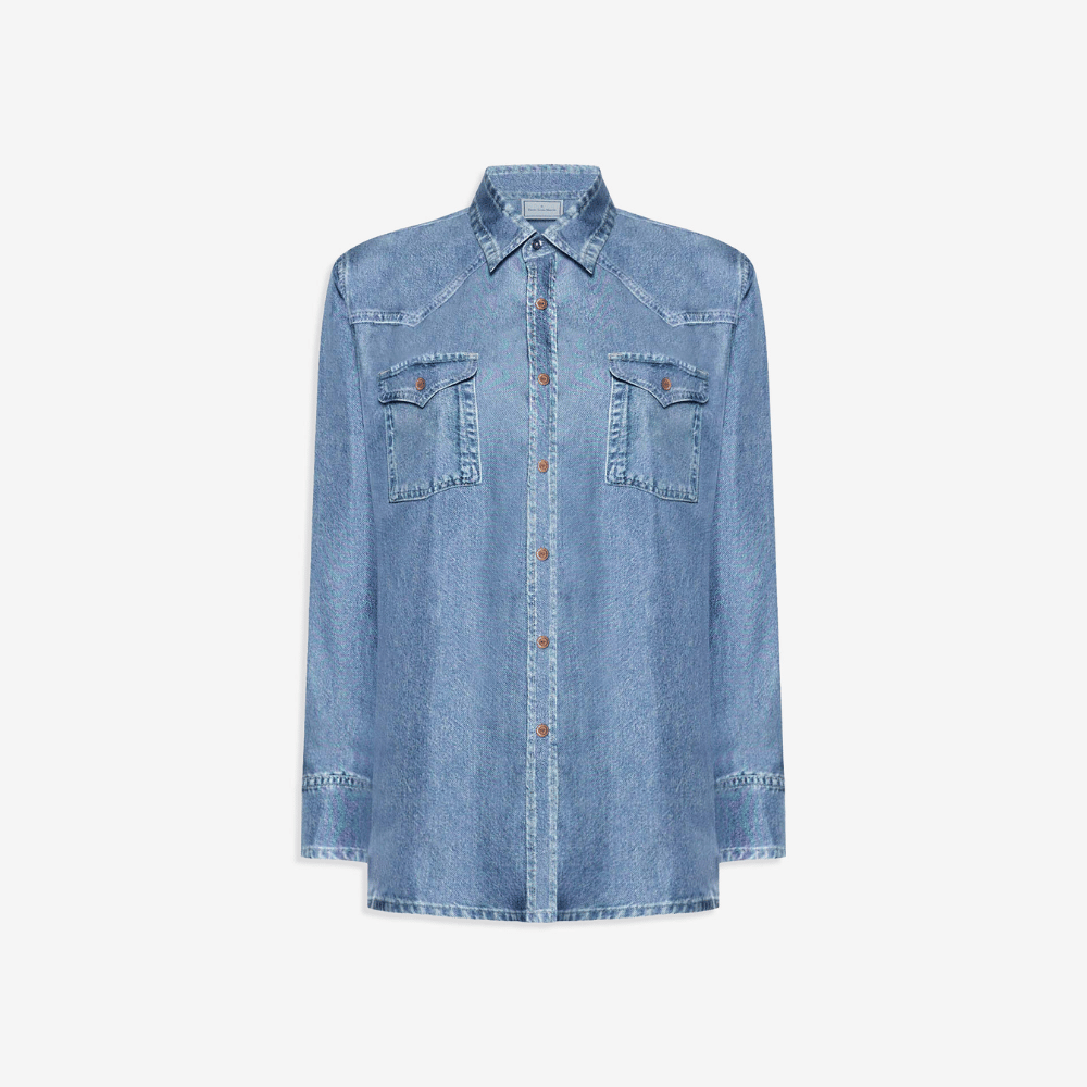 Pierre-Louis Mascia Aloe Silk Long Sleeve Shirt in Blue Denim Trompe-l’œil Denim Effect Print Shop PIERRE LOUIS MASCIA designer fashion online or in-store at Riada Concept, Sydney’s high-end fashion boutique in Australia.
