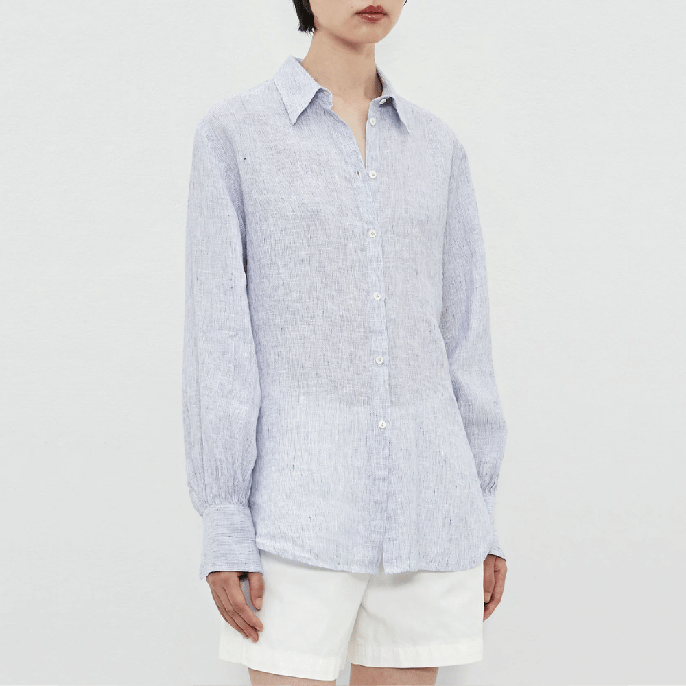 Massimo Alba Woman Anna Pinstriped Linen Shirt in Blu MASSIMO ALBA WOMENS Designer fashion shop online and in store High End fashion boutique Sydney Australia Riada Concept