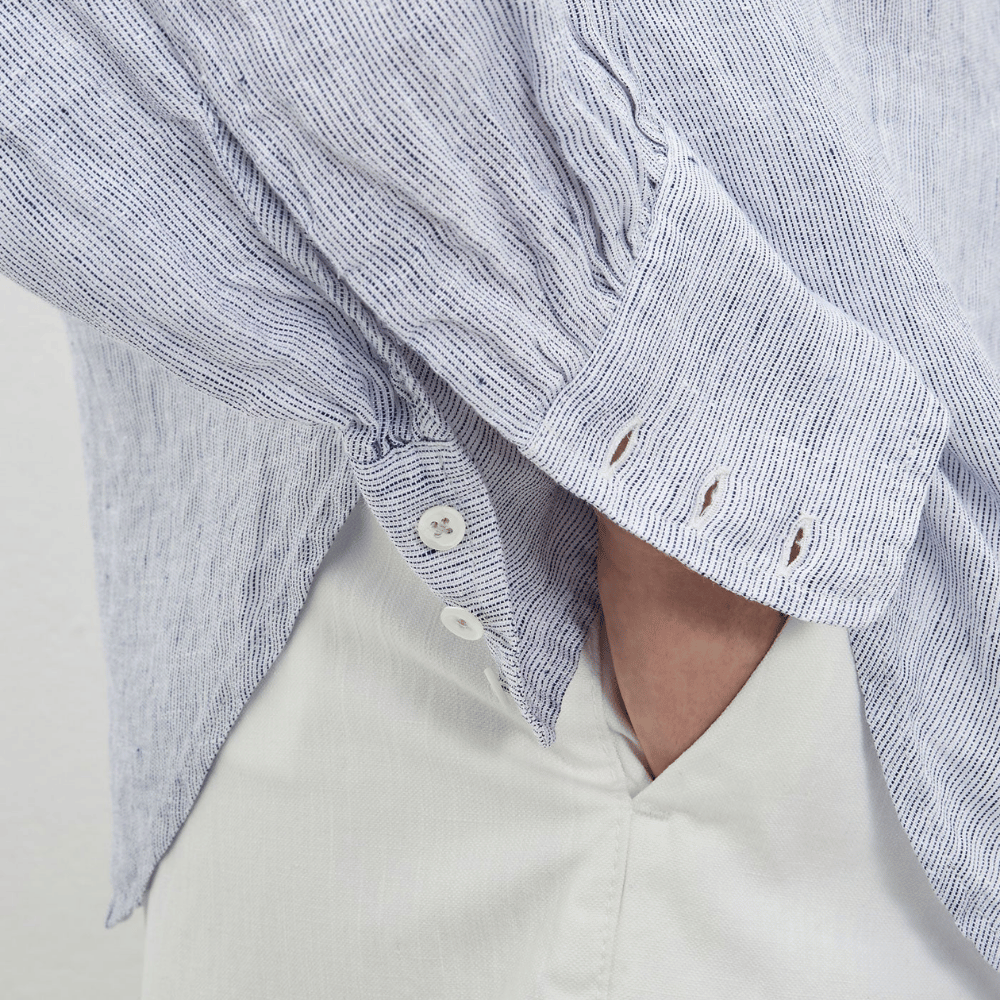Massimo Alba Woman Anna Pinstriped Linen Shirt in Blu MASSIMO ALBA WOMENS Designer fashion shop online and in store High End fashion boutique Sydney Australia Riada Concept