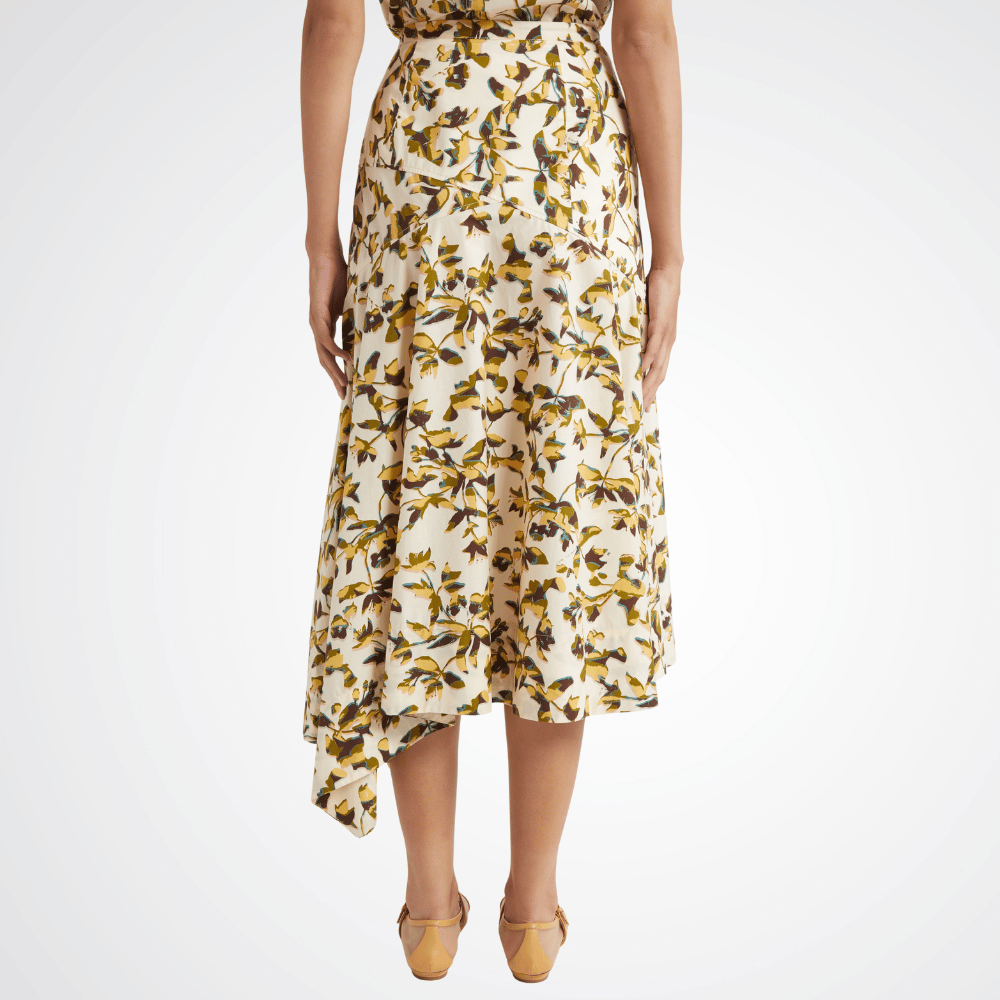 Ulla Johnson Annika High Waist Asymmetrical Midi Skirt in Lucent – luxury cotton poplin graphic bloom midi skirt with asymmetric hem, Available instore and online at Riada Concept, Woollahra Sydney’s destination for a curated selection of international luxury brands