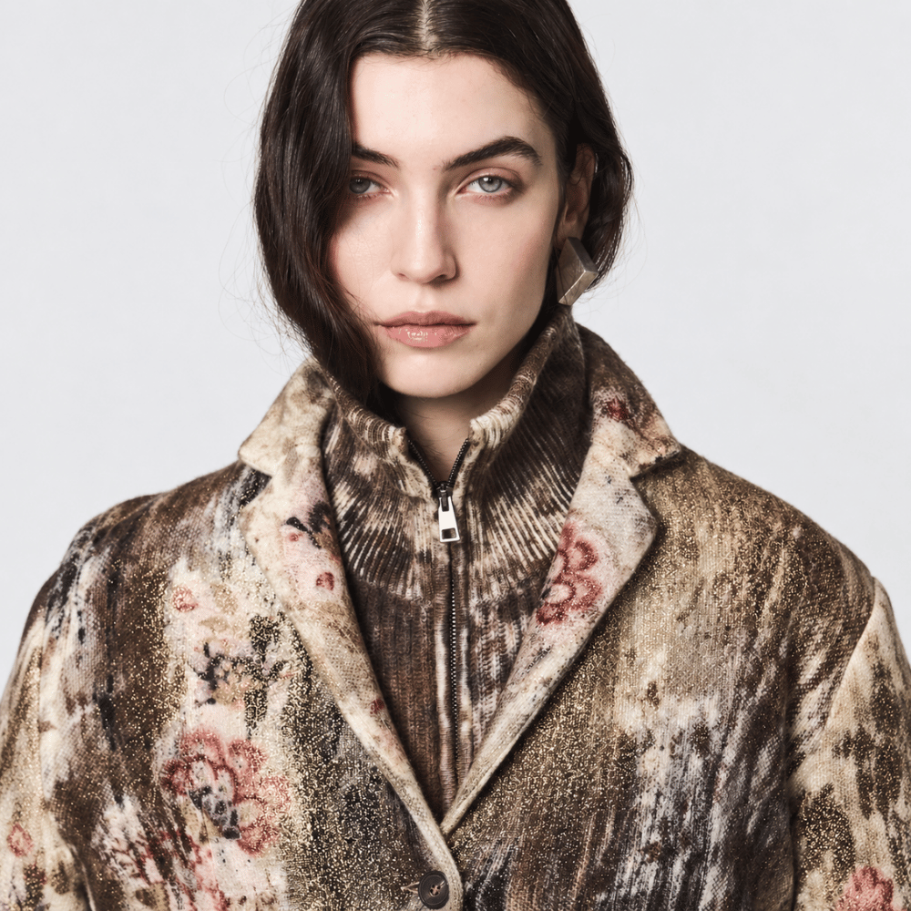 Avant Toi’s gold-laminated wool-cashmere jacket in Yak. Relaxed knit blazer with floral and needle-punched detailing - closeup. Shop at Riada Concept