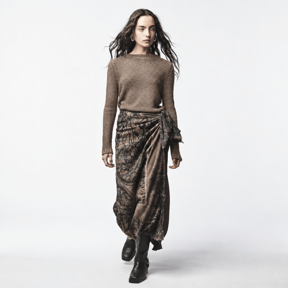Shop Avant Toi’s hand-painted paisley scarf in Yak at Riada Concept. Warm brown cashmere-silk knit, printed silk and distressed edges - styled model, front view