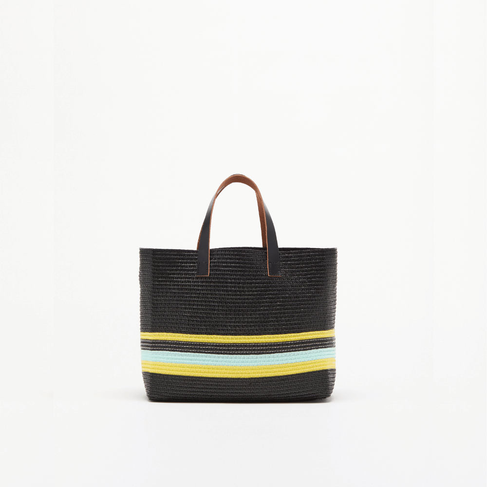 Plan C Striped Small Straw Tote Bag in Black with yellow and lime stripe detail and leather handles - back view