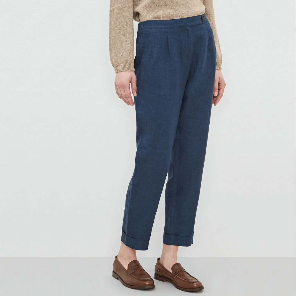 Massimo Alba Woman Boga Délavé Pleated Tapered Linen Trousers in Deep Blue MASSIMO ALBA WOMENS Designer fashion shop online and in store High End fashion boutique Sydney Australia Riada Concept