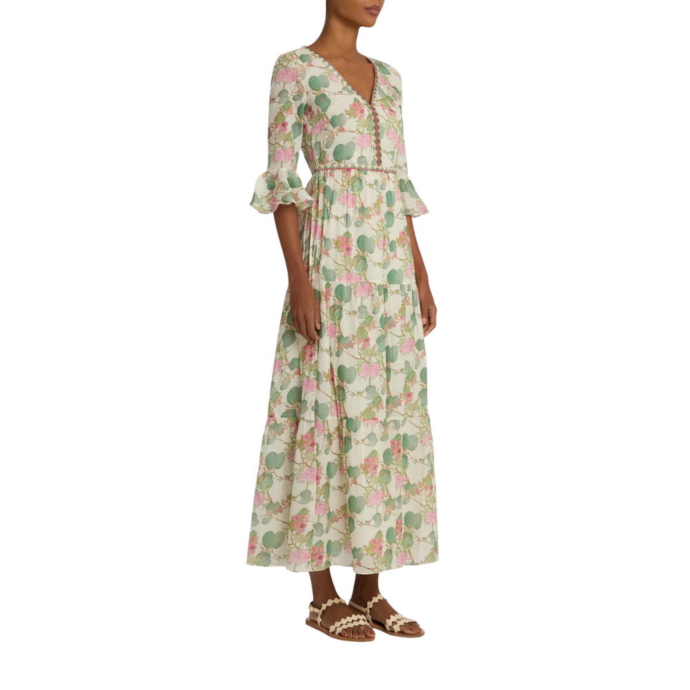 Emporio Sirenuse Dress Bella 2 Dragonfly Cotton Dress in White 3/4 sleeve floral maxi dress with V-Neck. Designer dress Sydney Australia Riada Concept Luxury Fashion Boutique Australia.