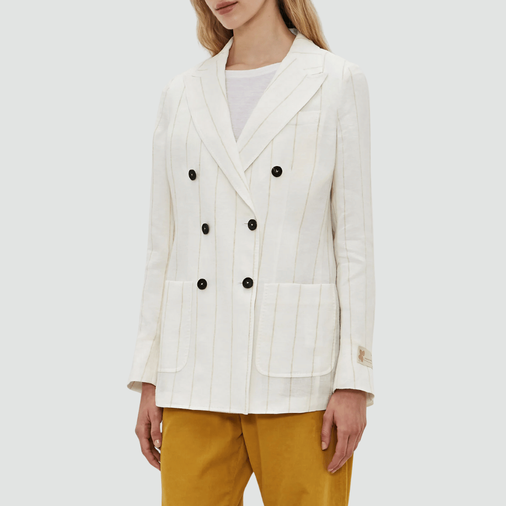 Massimo Alba Woman Carlotta2 Linen Double-Breasted Beige Stripe Jacket in Off-White MASSIMO ALBA WOMENS Designer fashion shop online and in store High End fashion boutique Sydney Australia Riada Concept