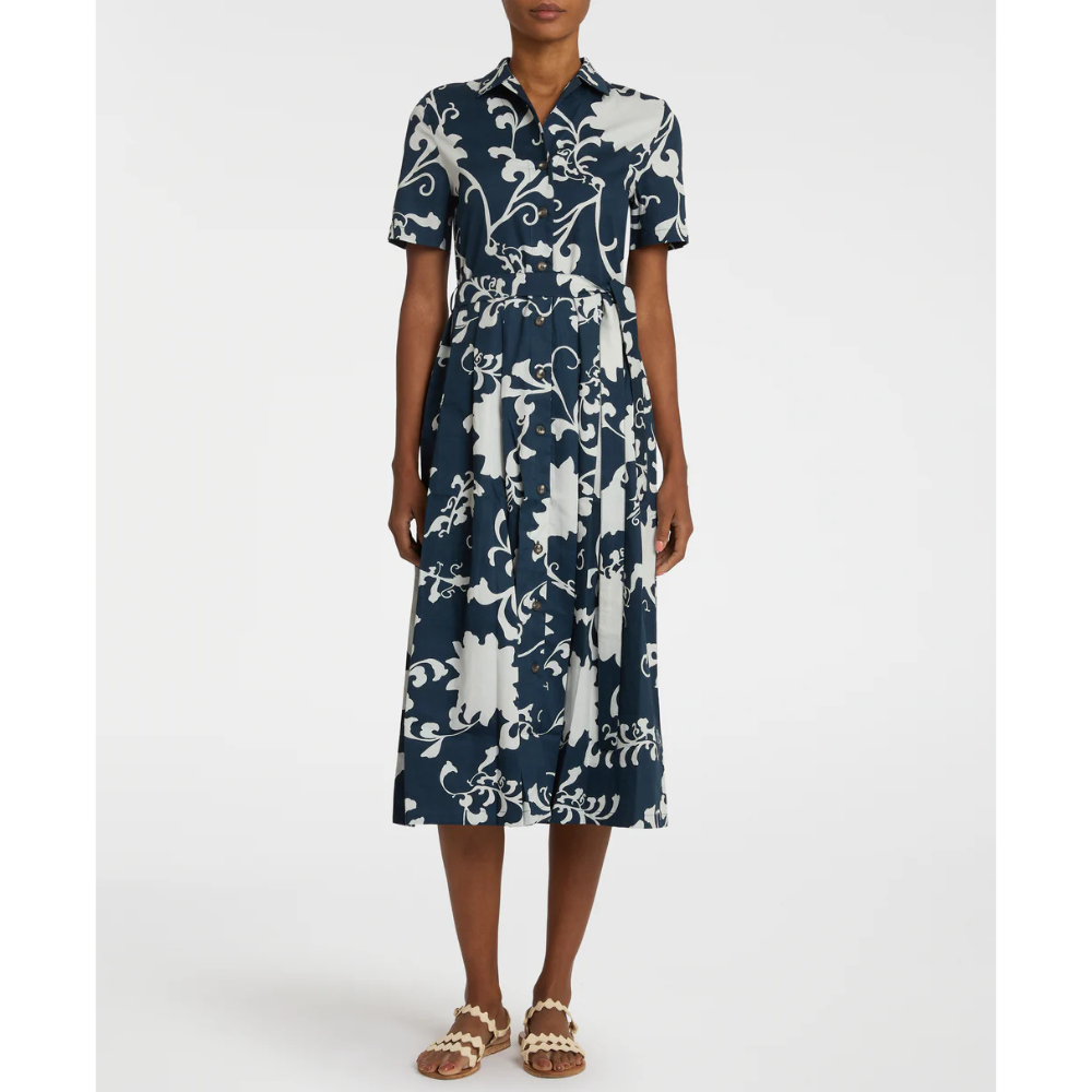 Claudia Flower Screen Cotton Dress in Blue