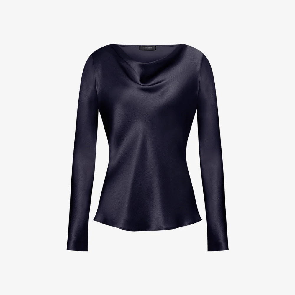 Alberta Ferretti Long Sleeve Satin Draped Neck Blouse in Dark Blue Alberta Ferretti Australia Stockist Australia Online Riada Concept Luxury Fashion Boutique