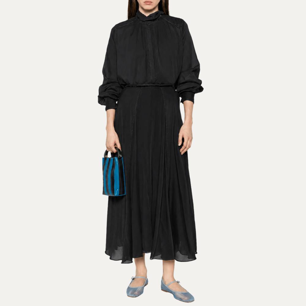Forte Forte Cotton-Silk Voile Flared Maxi Skirt Nero styled with black blouse – Riada Concept Woollahra Sydney