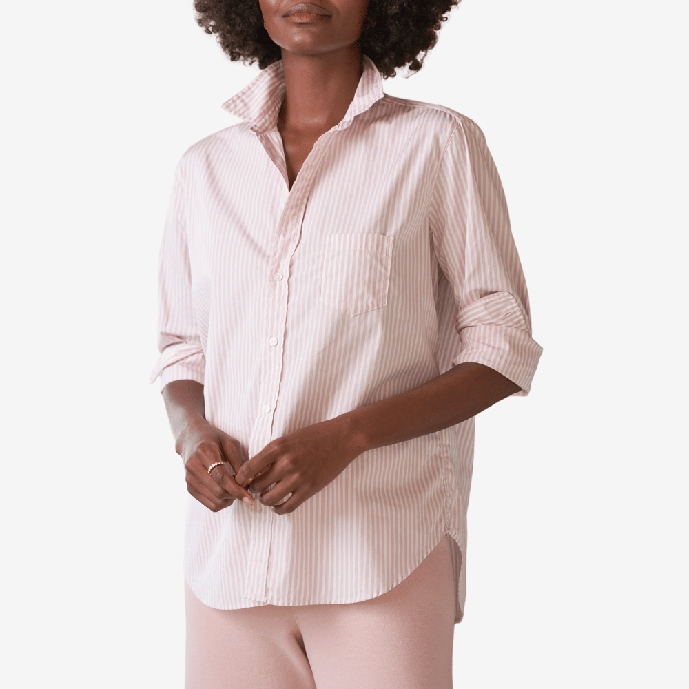 Frank & Eileen Relaxed Button-Up Eileen Shirt in Pink and White Multi Stripe Shop Frank & Eileen online in Australia at Riada Concept – official stockist of Frank & Eileen shirts, dresses, and linen pants. Discover timeless, premium women's fashion with fast shipping from Sydney.