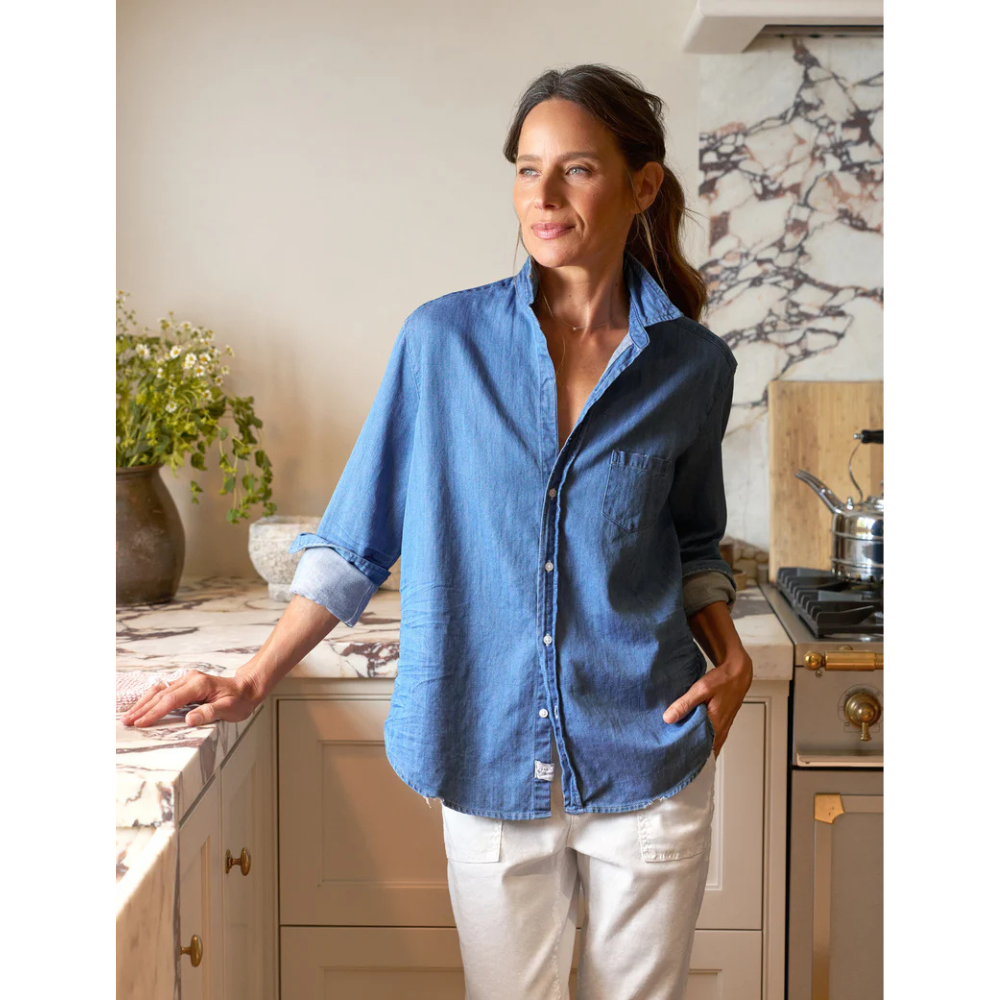Frank and Eileen Eileen Denim Shirt. A vintage stonewashed indigo denim button-up shirt with long sleeves. Designer denim shirt by Frank and Eileen. Shop premium everyday designer womenswear label Frank and Eileen in Australia at Riada Concept Double Bay.