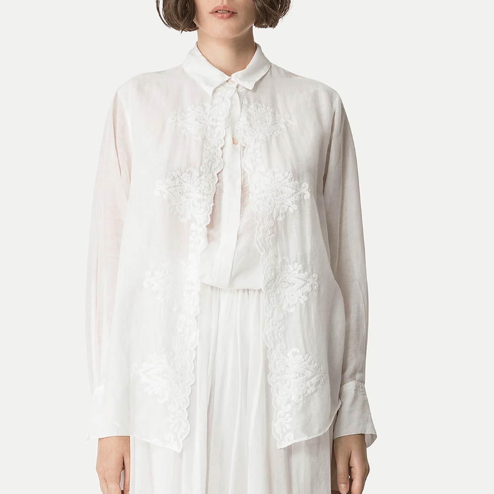 Forte Forte Embroidered Cotton Silk Voile Shirt in Bianco – International designer fashion boutique Australia Riada Concept Woollahra