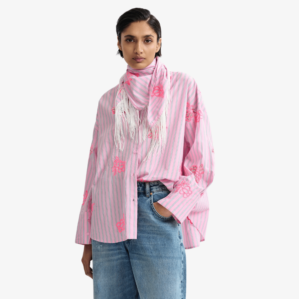 Essentiel Antwerp Jennie Pinstripe Cotton Fringe Scarf in Cotton Candy – International designer fashion boutique Australia Riada Concept Woollahra