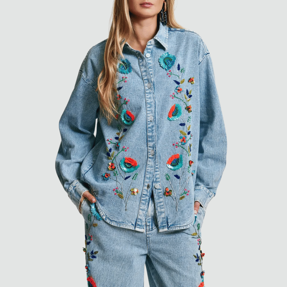 Essentiel Antwerp Icksonville Embellished Denim Shirt in Blue – International designer fashion boutique Australia Riada Concept Woollahra