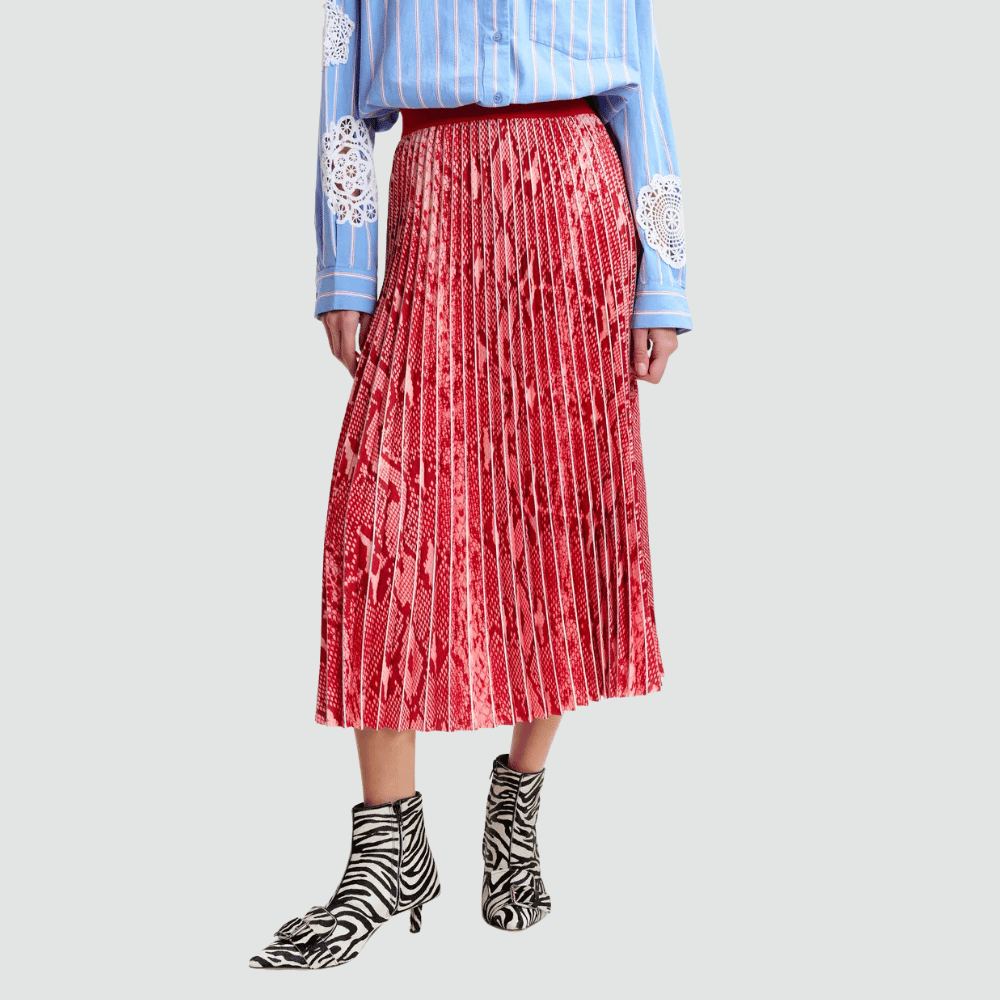 Essentiel Antwerp Indira Snake Print Pleated Midi Skirt in Red and Orange – International designer fashion boutique Australia Riada Concept Woollahra