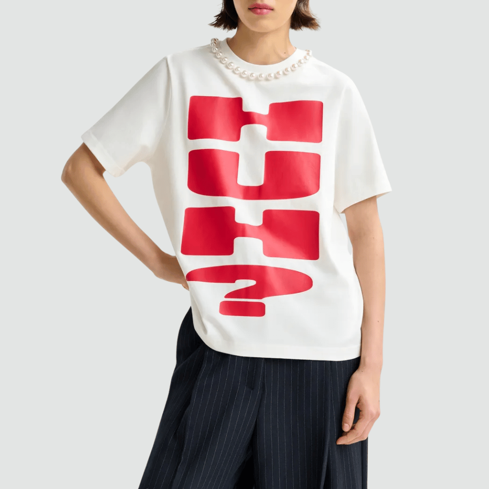 Essentiel Antwerp Isos Beaded Graphic T-Shirt in Red and White – International designer fashion boutique Australia Riada Concept Woollahra
