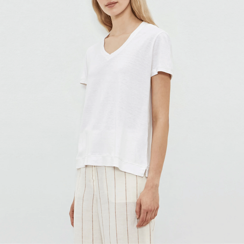 Massimo Alba Woman Flores Deep V-Neck Linen Cotton Jersey T-Shirt in White MASSIMO ALBA WOMENS Designer fashion shop online and in store High End fashion boutique Sydney Australia Riada Concept