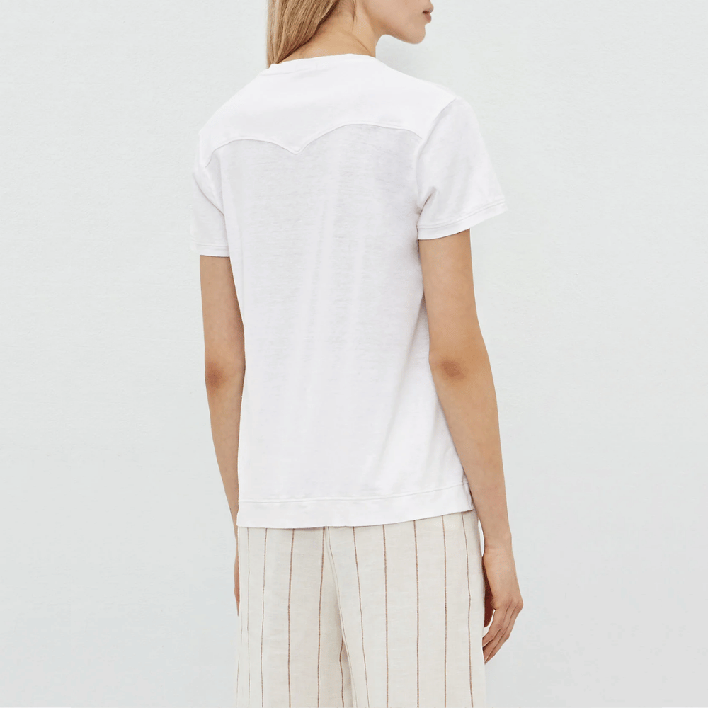 Massimo Alba Woman Flores Deep V-Neck Linen Cotton Jersey T-Shirt in White MASSIMO ALBA WOMENS Designer fashion shop online and in store High End fashion boutique Sydney Australia Riada Concept