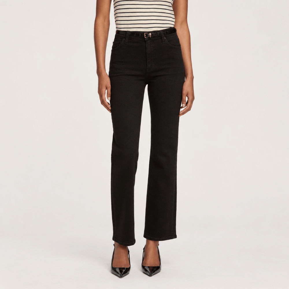 FRAME Le Sleek Straight Jeans in Black at Riada Concept. High-rise ankle-length straight jeans in super-stretch black denim - front view