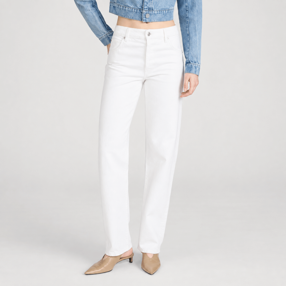 FRAME The Essential Jean in White at Riada Concept. Mid-rise full-length straight jeans in rigid regenerative cotton denim - front view