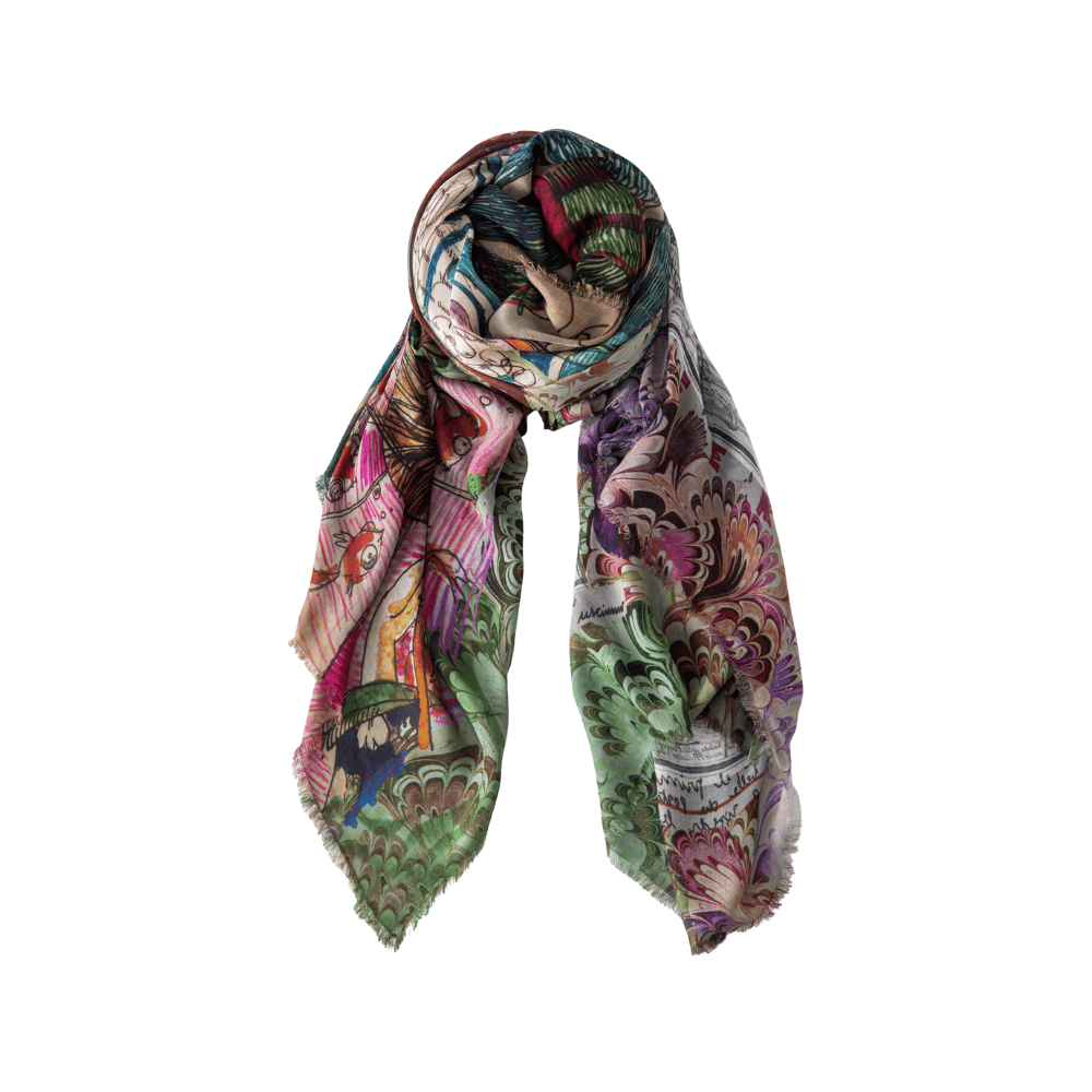 Faliero Sarti Foulard Illustrated Scarf in Comedy Shop the latest Faliero Sarti Scarves collections; printed, stylish scarfs in luxe fabrics made in Italy. Shop online & in store at Riada Concept.
