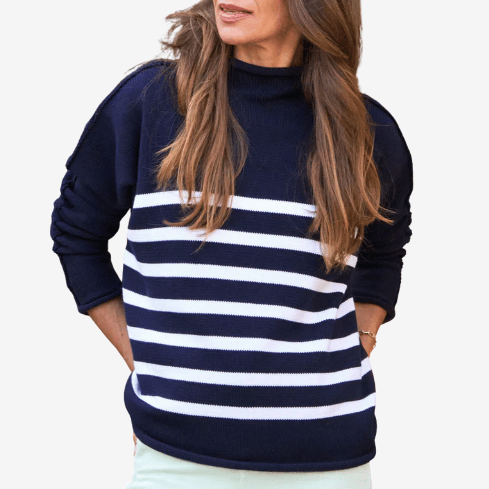 Frank & Eileen Monterey Rolled Funnel Neck Sweater in Marine and White Stripe