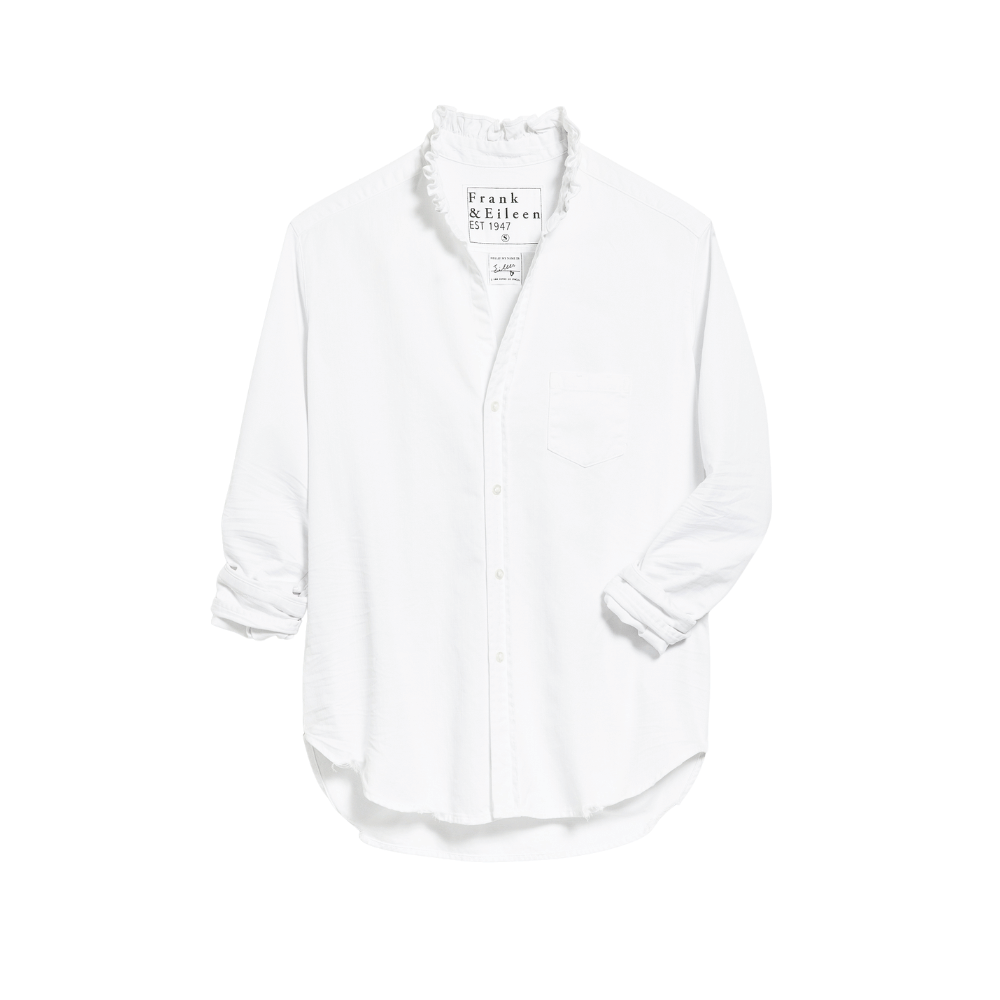 Frank & Eileen Relaxed Button-Up Ruffle Collar Eileen Shirt in White Denim – International designer fashion boutique Australia Riada Concept Woollahra