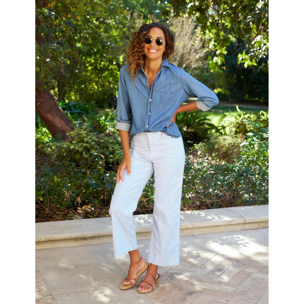Wexford Wide Leg Linen Pant in Blue and White Stripe