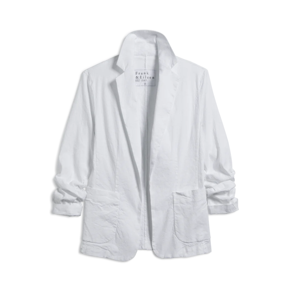 Frank and Eileen white Dublin tailored blazer with notched lapels, buttonless open front, and roomy patch pockets. It features long sleeves and is made of a fabric blend of 50% cotton, 48% linen, and 2% elastane.