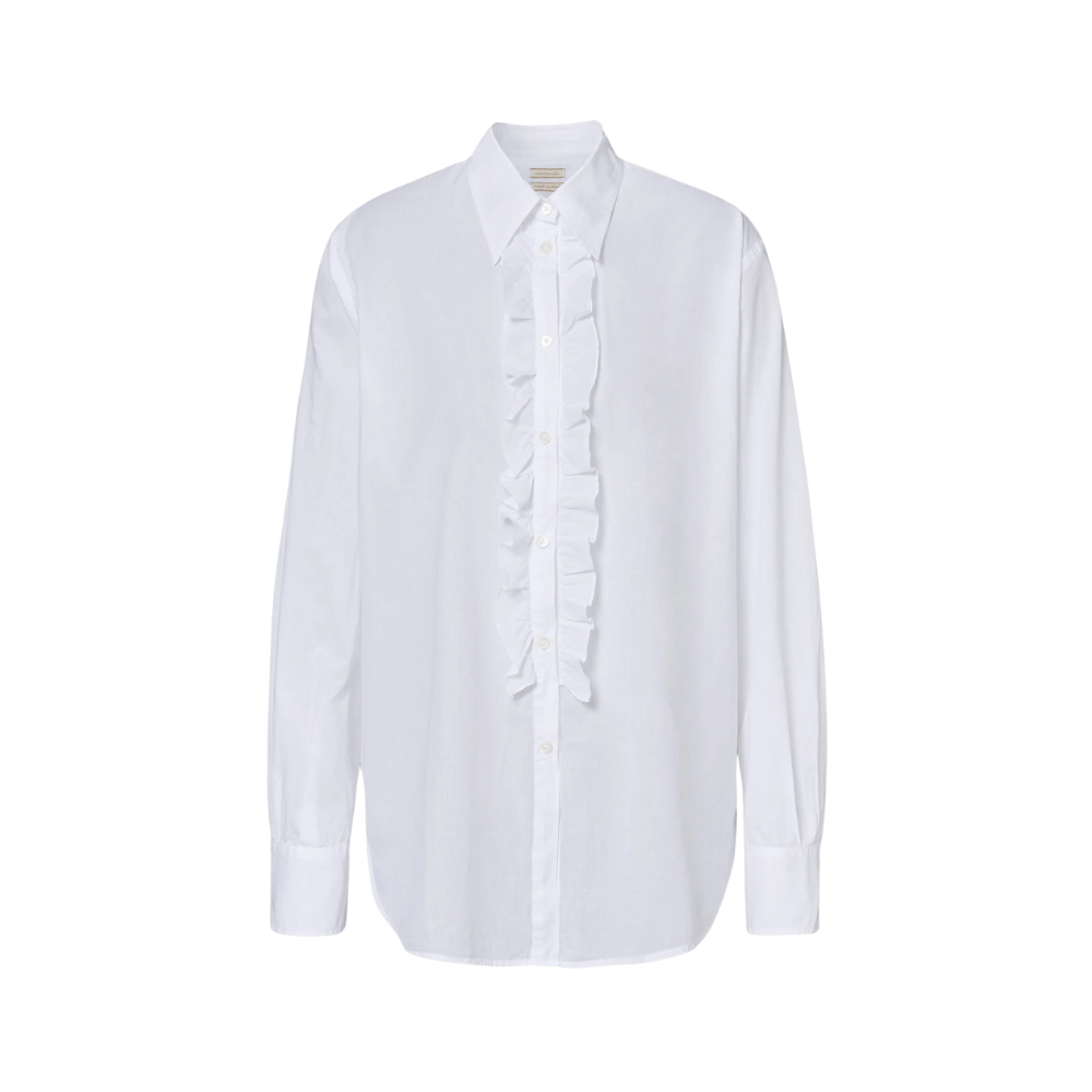 Massimo Alba Woman Gemma Cotton Voile Shirt with Ruched Ruffle Detail in White MASSIMO ALBA WOMENS Designer fashion shop online and in store High End fashion boutique Sydney Australia Riada Concept
