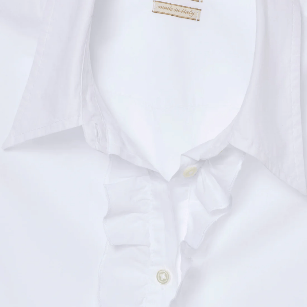 Massimo Alba Woman Gemma Cotton Voile Shirt with Ruched Ruffle Detail in White MASSIMO ALBA WOMENS Designer fashion shop online and in store High End fashion boutique Sydney Australia Riada Concept