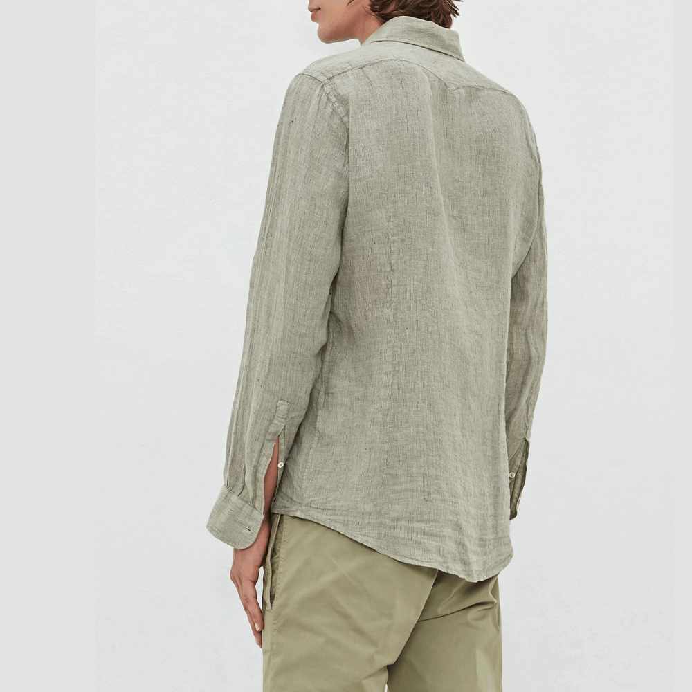 Massimo Alba Menswear Genova Long Sleeve Linen Shirt in Light Khaki Green MASSIMO ALBA ITALIAN MENSWEAR shop at Riada Concept Luxury International Designer Boutique in store and online Sydney
