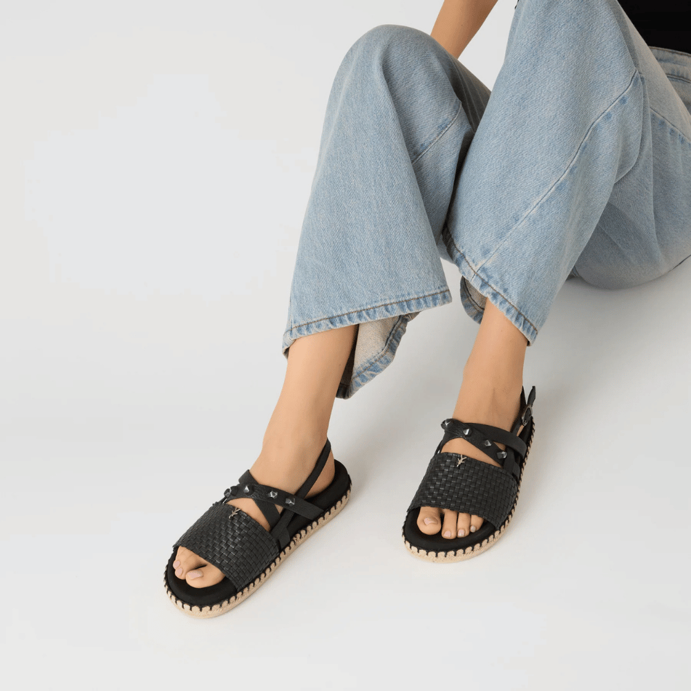 Henry Beguelin Woven Leather Stud Ankle Strap Sandals in Black - International designer fashion boutique Australia Riada Concept Woollahra