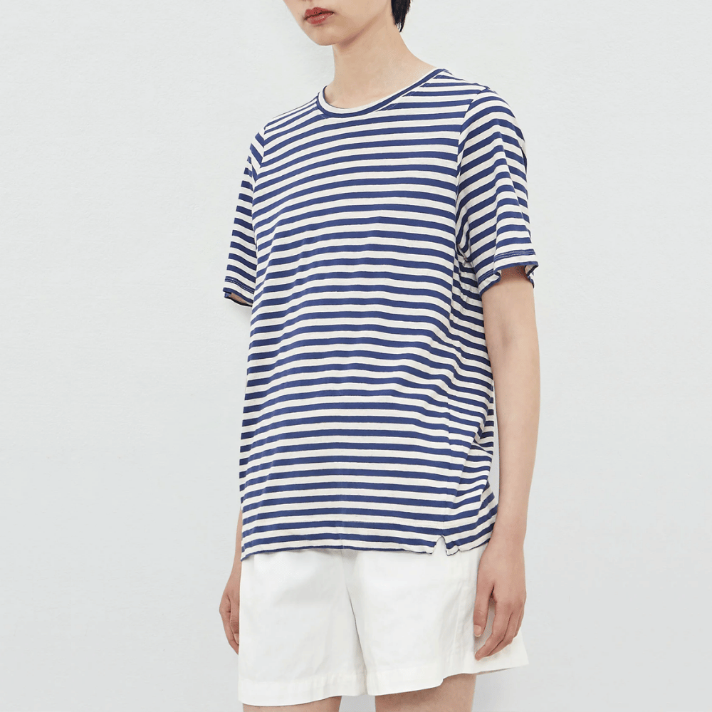 Massimo Alba Woman Short Sleeve Hydra Cotton Linen T-Shirt in Indigo and White Stripe MASSIMO ALBA WOMENS Designer fashion shop online and in store High End fashion boutique Sydney Australia Riada Concept