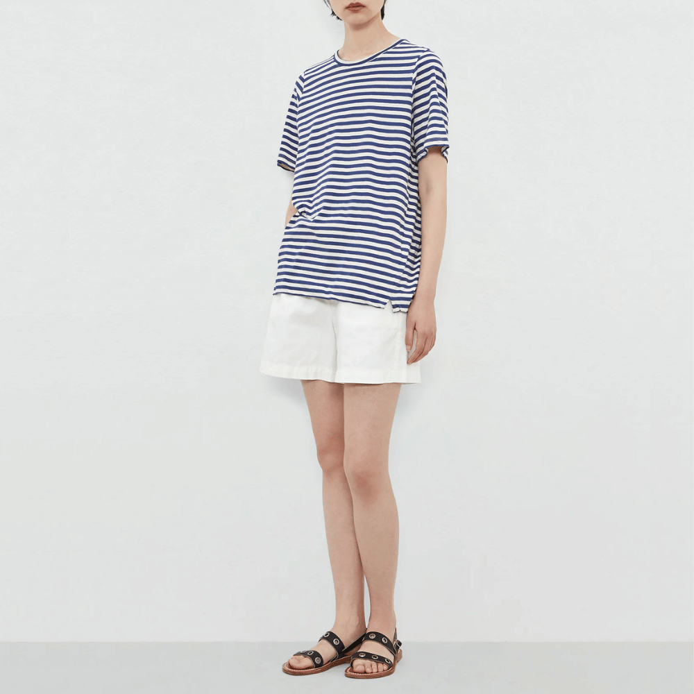 Massimo Alba Woman Short Sleeve Hydra Cotton Linen T-Shirt in Indigo and White Stripe MASSIMO ALBA WOMENS Designer fashion shop online and in store High End fashion boutique Sydney Australia Riada Concept
