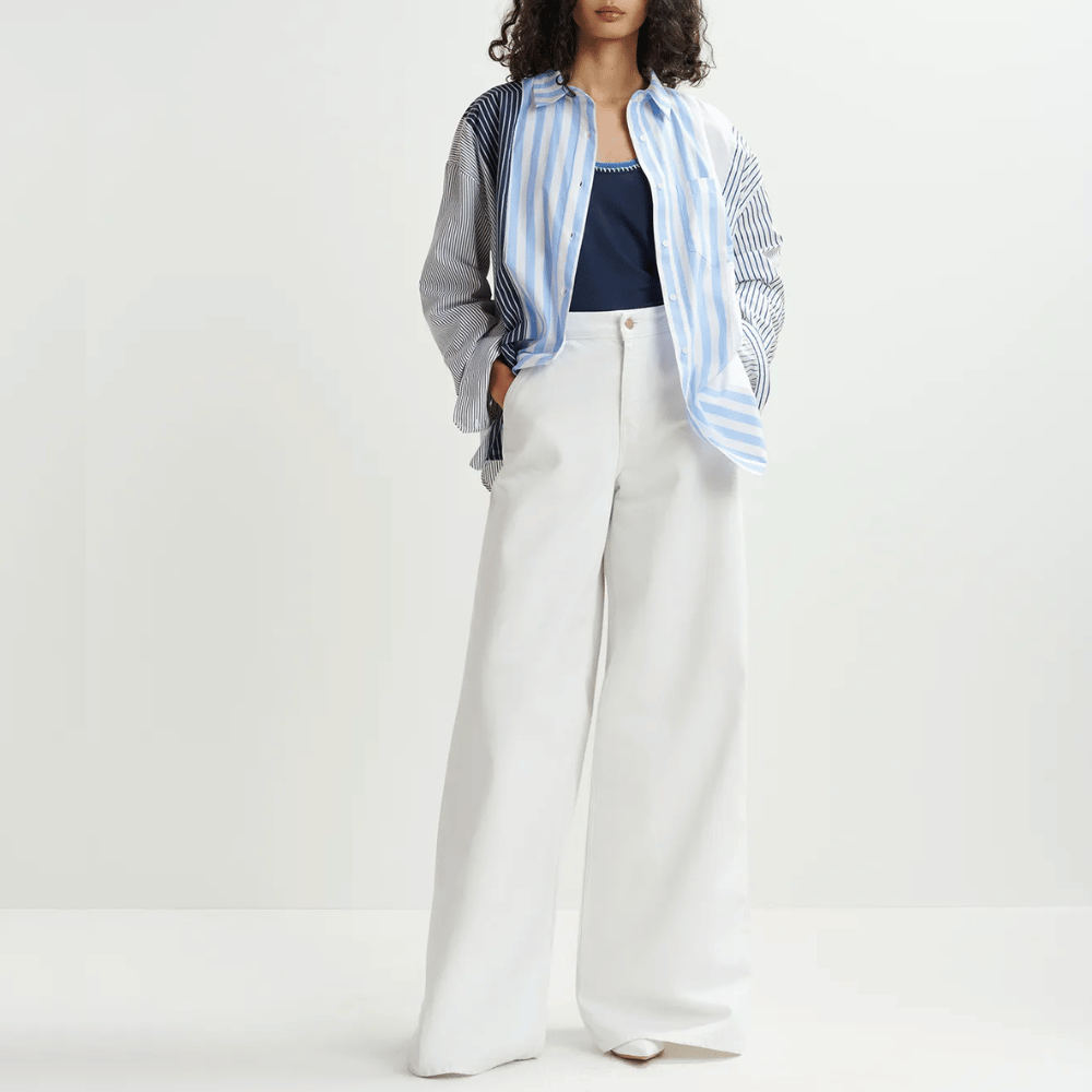 Essentiel Antwerp Hemix Oversized Striped Cotton Shirt in Aqua ESSENTIEL ANTWERP Designer fashion shop online and in store High End fashion boutique Sydney Australia Riada Concept