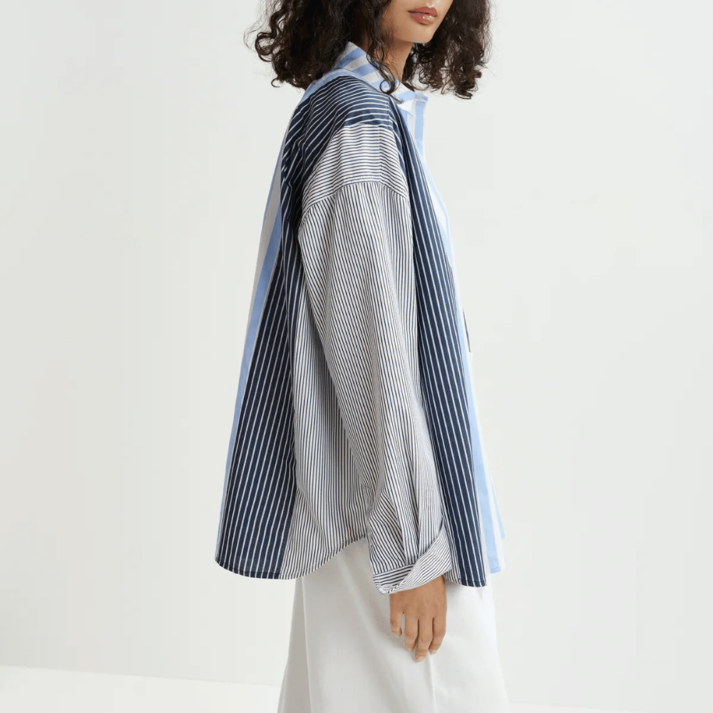 Essentiel Antwerp Hemix Oversized Striped Cotton Shirt in Aqua ESSENTIEL ANTWERP Designer fashion shop online and in store High End fashion boutique Sydney Australia Riada Concept