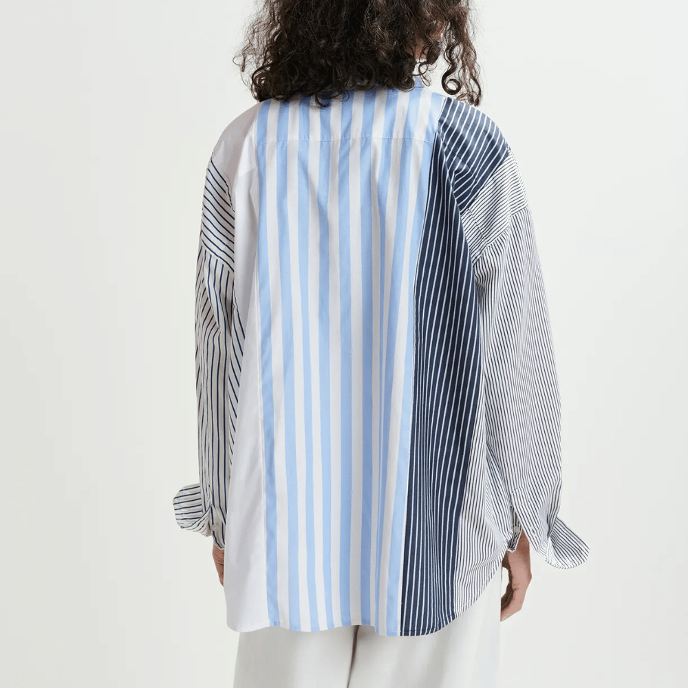 Essentiel Antwerp Hemix Oversized Striped Cotton Shirt in Aqua ESSENTIEL ANTWERP Designer fashion shop online and in store High End fashion boutique Sydney Australia Riada Concept