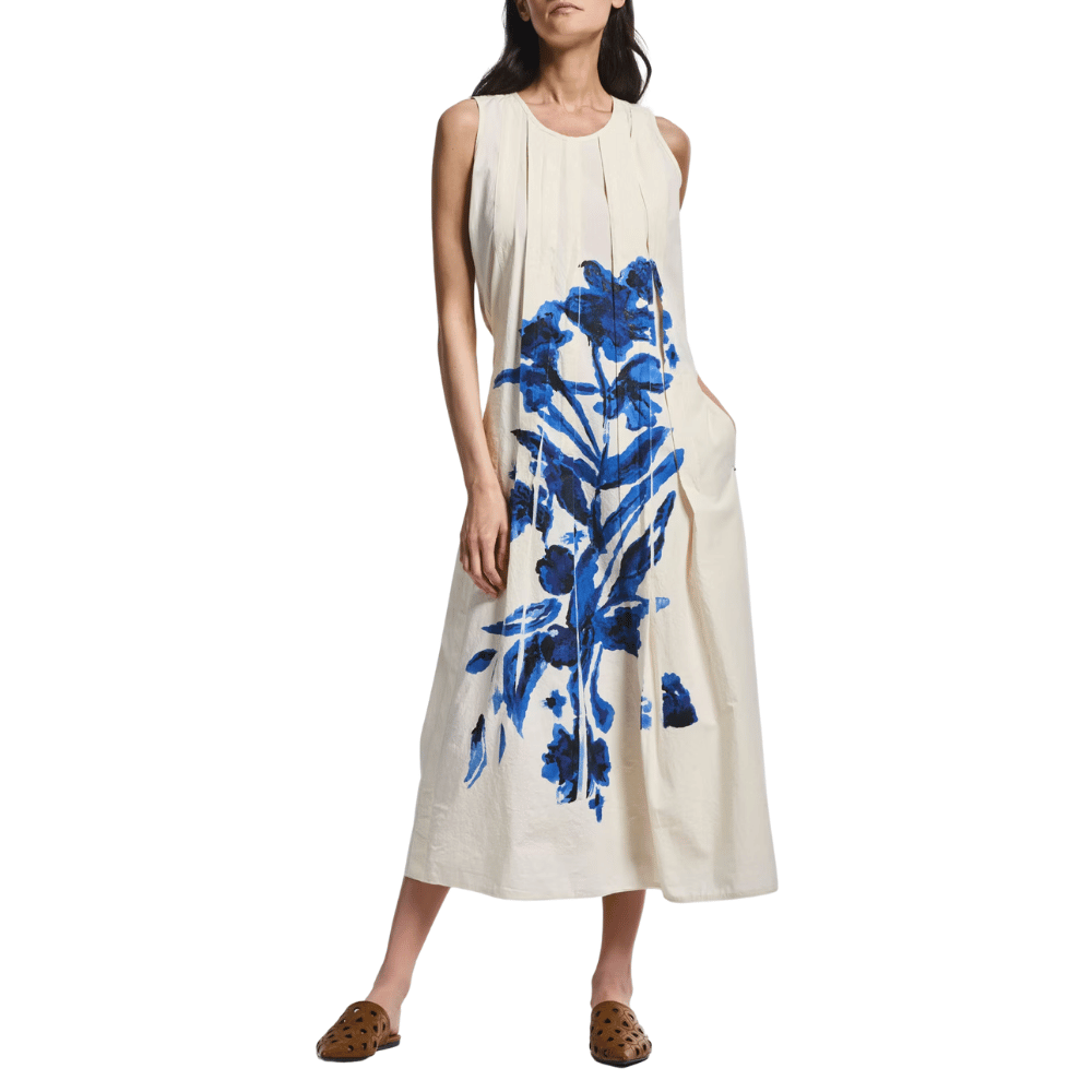 HIGH Cheerful Pleated Floral Print Midi Dress in Ecru HIGH OFFICIAL Designer fashion shop online and in store High End fashion boutique Sydney Australia Riada Concept